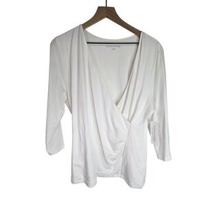 Soft Surroundings Alyssa Knit Top Womens XL White NWT 3/4 Sleeve Wrap Ruched